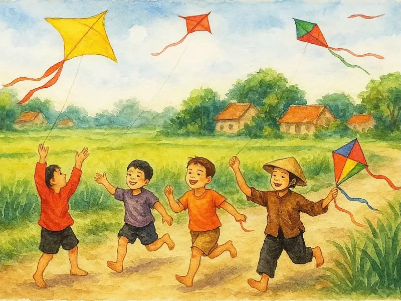 Tranh màu nước: bốn bé chạy chân trần thả diều trên bãi cỏ, phía sau là hàng cây và mái ngói đỏ